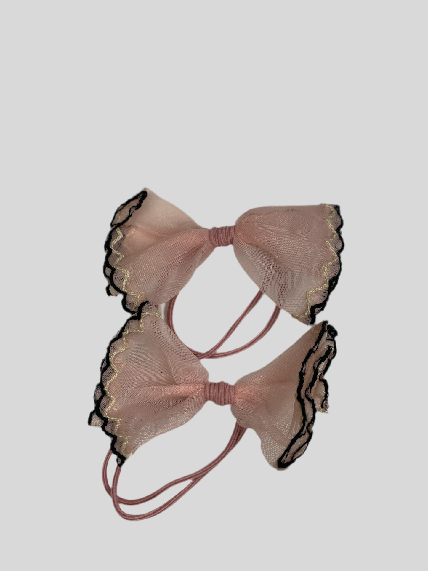 Elegant Sheer Bow Hair Ties – Dual Bow Ponytail Holders with Black Lace Trim(One Pair)