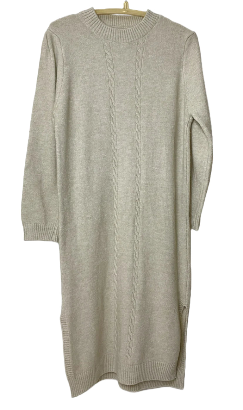 Pull Over Sweater Dress | Twist Knitted Dress (Beige)