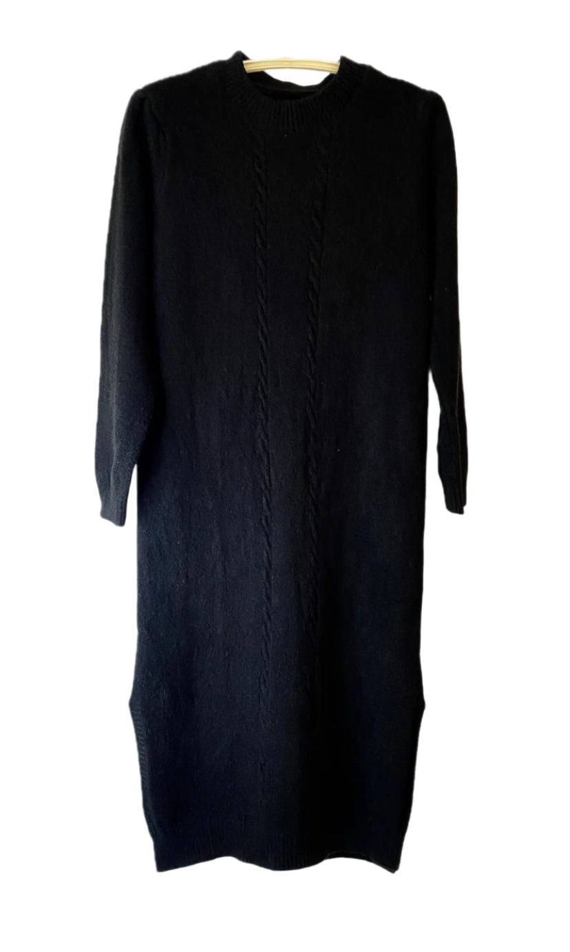 Pull Over Sweater Dress | Twist Knitted Dress (Black)