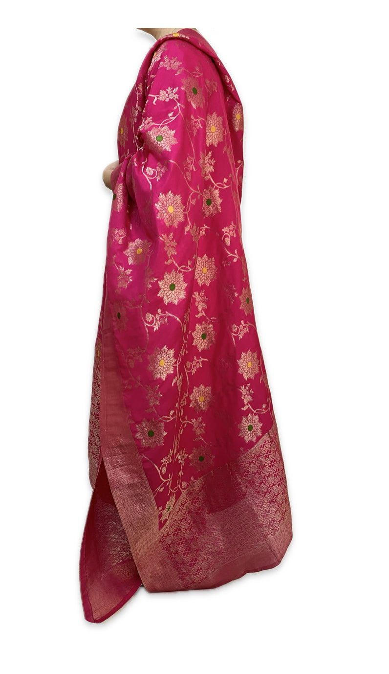 Magenta Pink Hand-Embroidered Kurta Set with Zari Dupatta
