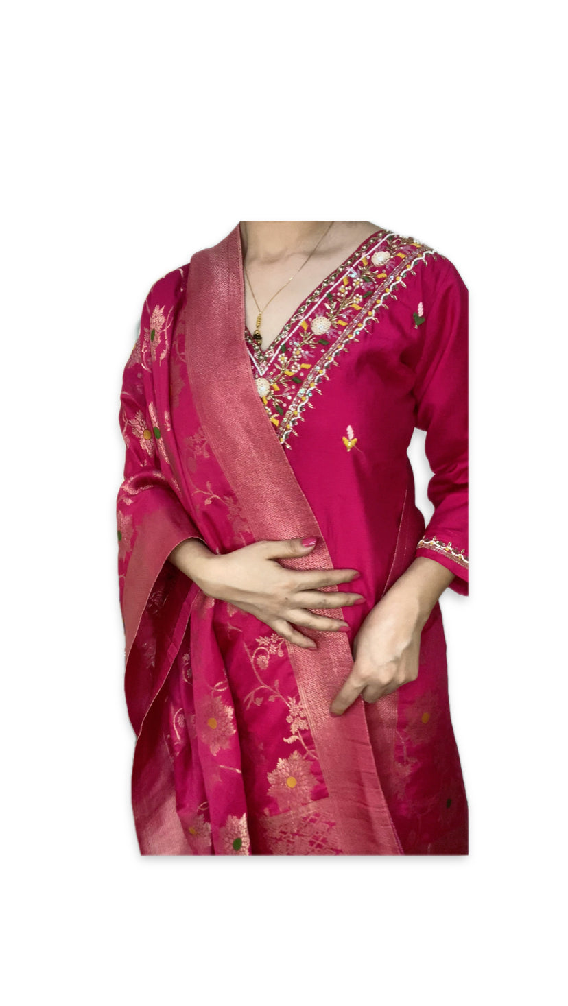 Magenta Pink Hand-Embroidered Kurta Set with Zari Dupatta