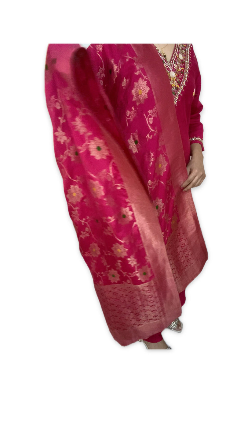 Magenta Pink Hand-Embroidered Kurta Set with Zari Dupatta