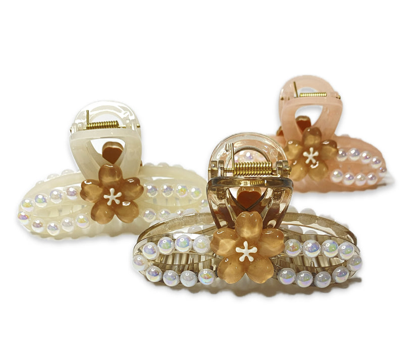 Luxury Pearl & Floral Hair Claw Clip Set – Elegant & Strong Hold Hair Accessories for Women & Girls(3 Pc Set)