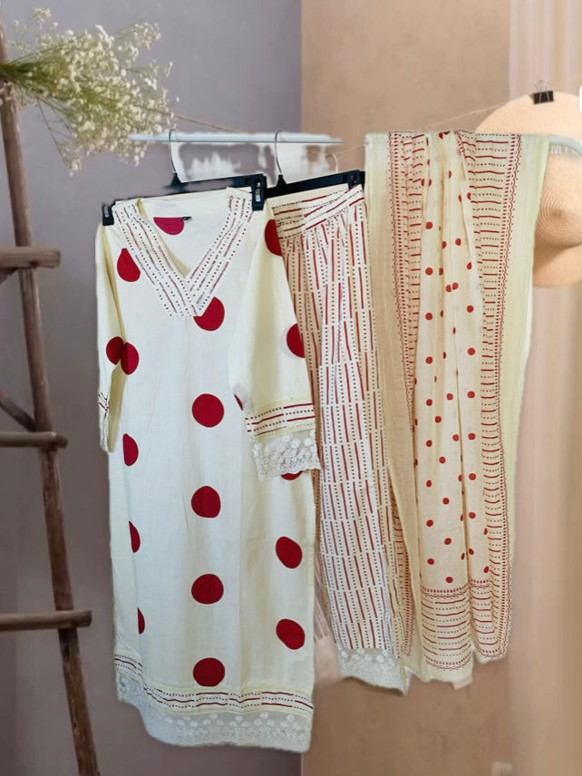 Polka Dot Cotton Suit Set – Trendy & Elegant Ethnic Wear for Women