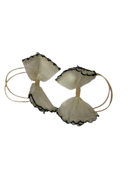 Elegant Sheer Bow Hair Ties – Dual Bow Ponytail Holders with Black Lace Trim(One Pair)