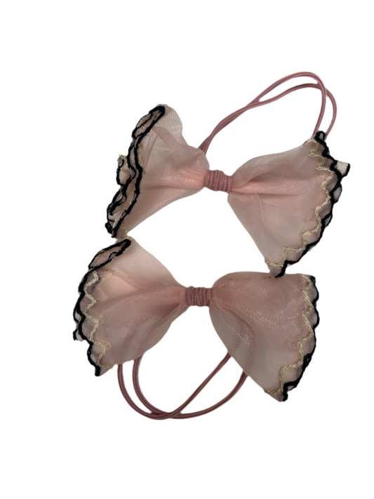 Elegant Sheer Bow Hair Ties – Dual Bow Ponytail Holders with Black Lace Trim(One Pair)
