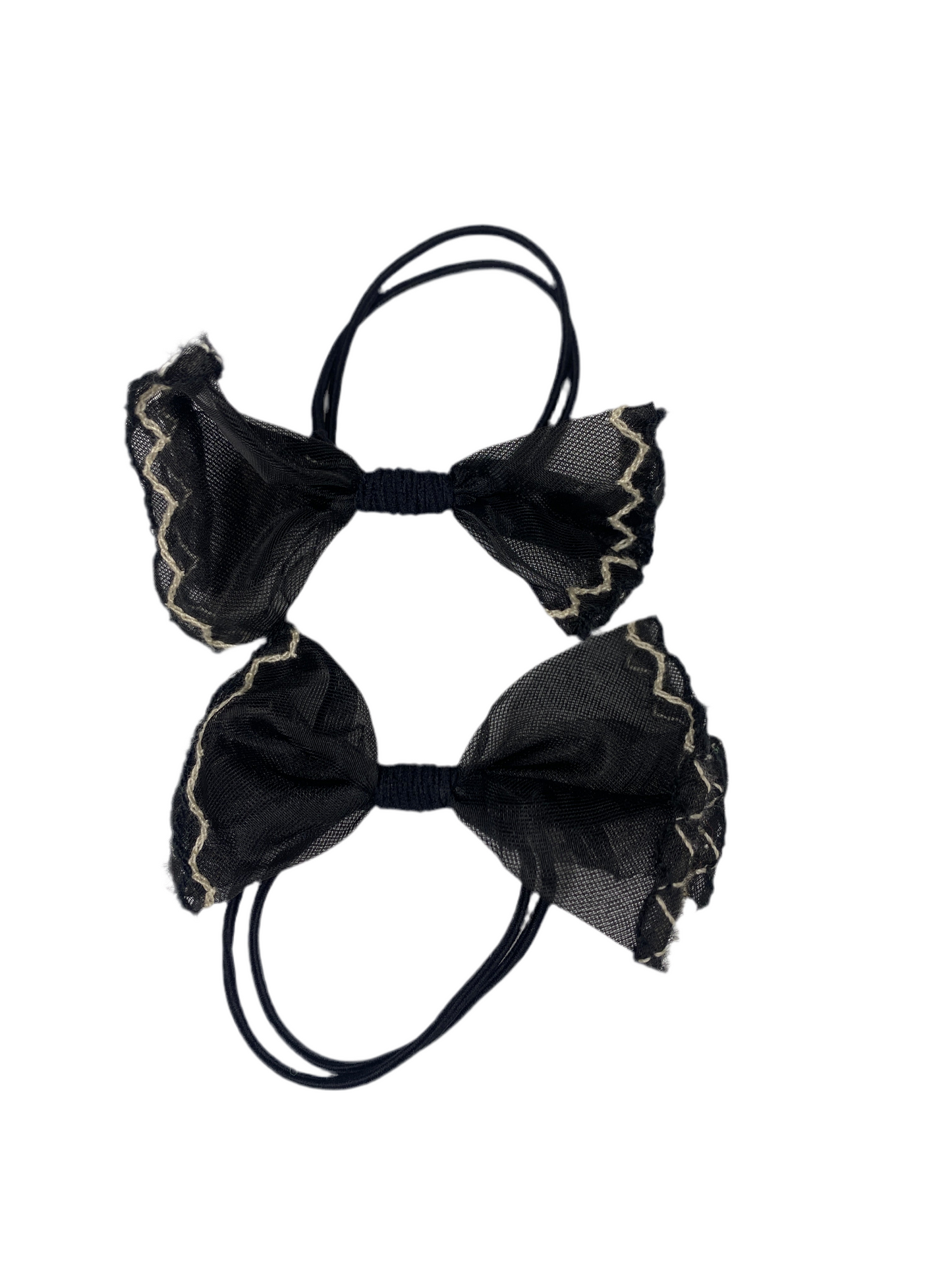 Elegant Sheer Bow Hair Ties – Dual Bow Ponytail Holders with Cream Lace Trim(One Pair)