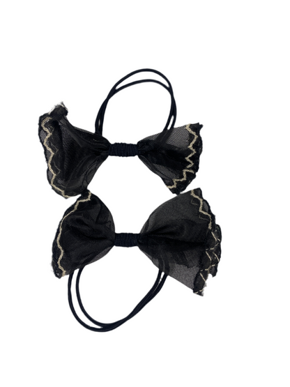 Elegant Sheer Bow Hair Ties – Dual Bow Ponytail Holders with Cream Lace Trim(One Pair)