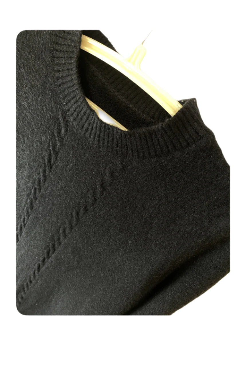 Pull Over Sweater Dress | Twist Knitted Dress (Black)