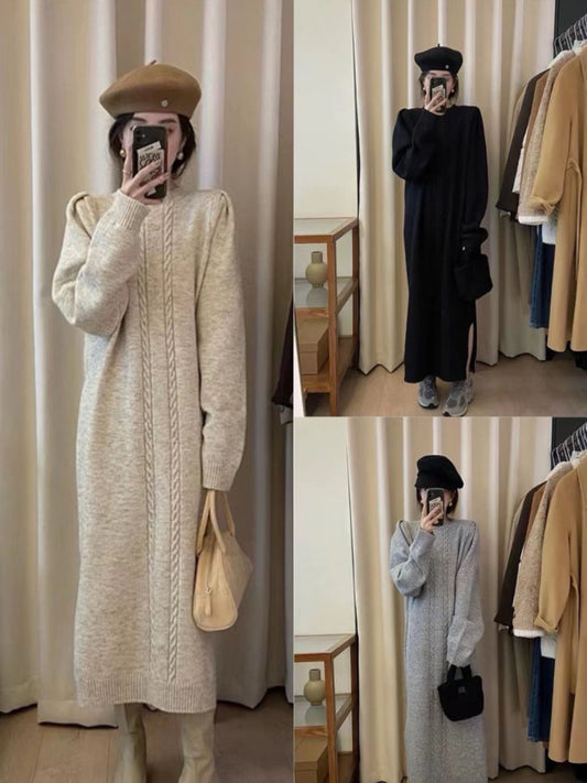 Pull Over Sweater Dress | Twist Knitted Dress (Black)