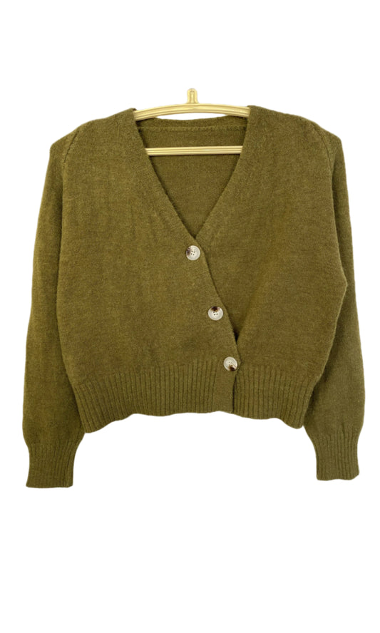 Knitted Sweater Diagonal Button - (Olive)