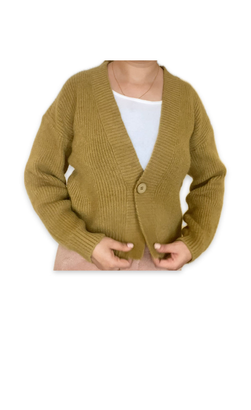Knitted Sweater One Button - (Olive Green)