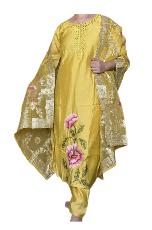 Sunshine Yellow Hand-Embroidered Kurta Set with Floral Dupatta