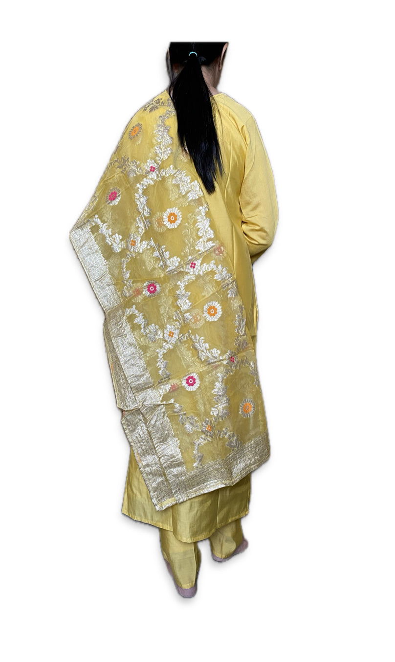 Sunshine Yellow Hand-Embroidered Kurta Set with Floral Dupatta