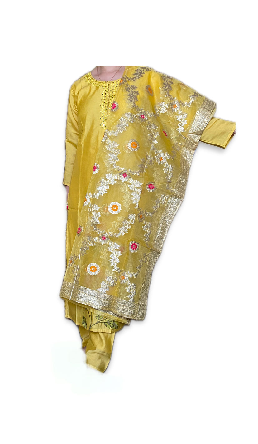 Sunshine Yellow Hand-Embroidered Kurta Set with Floral Dupatta