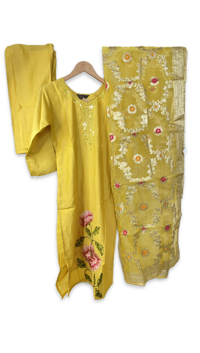 Sunshine Yellow Hand-Embroidered Kurta Set with Floral Dupatta