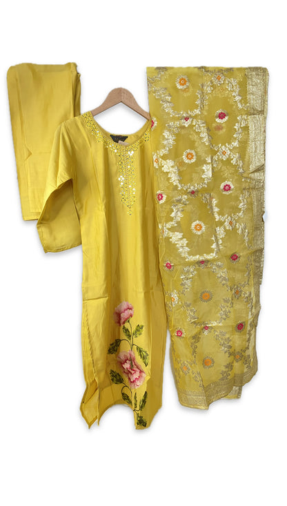 Sunshine Yellow Hand-Embroidered Kurta Set with Floral Dupatta