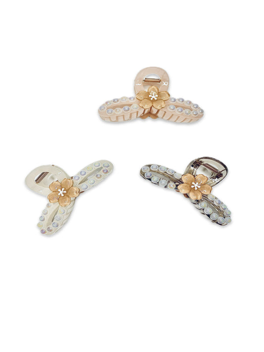 Luxury Pearl & Floral Hair Claw Clip Set – Elegant & Strong Hold Hair Accessories for Women & Girls(3 Pc Set)